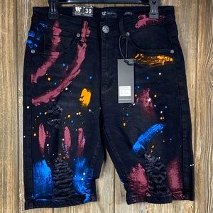 Paint Splatter Black Destroyed Denim Jean Shorts